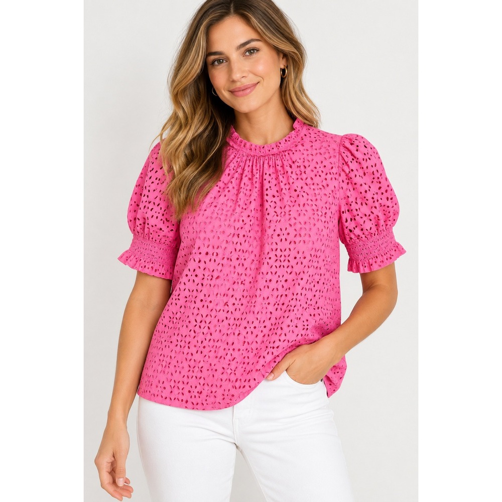 J Crew Womens Smocked Puff Sleeve Top Size XXS Pink Eyelet Lace Feminine BQ183